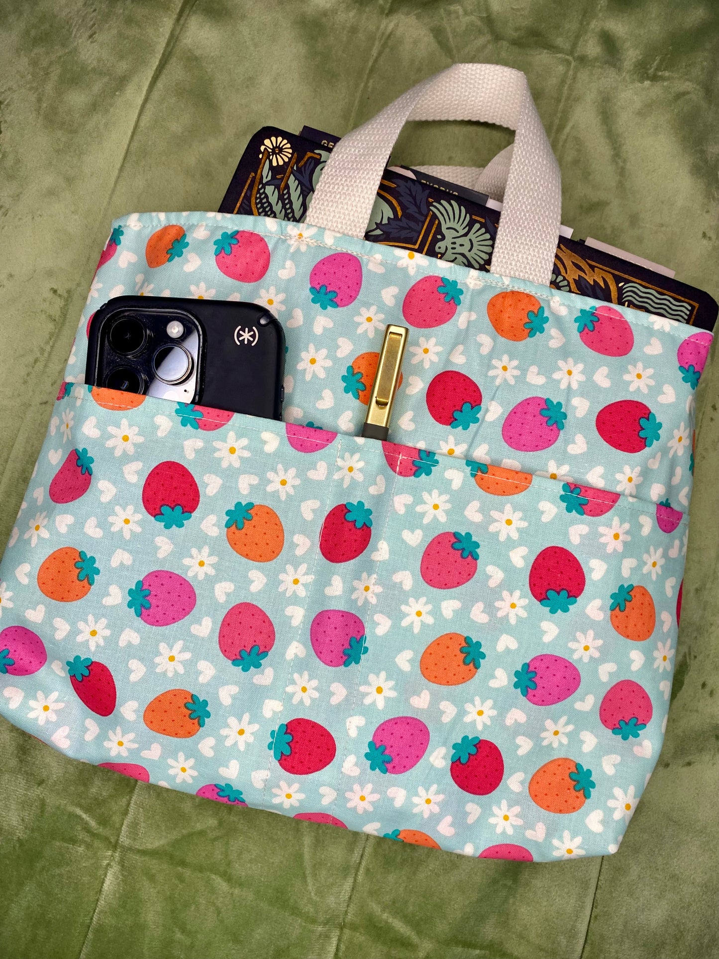 Strawberry Mini Tote Bag | Bible, Book & iPad Carry Bag | Handmade by Violetblu Design Co.