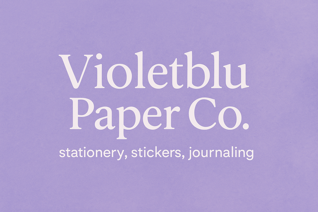 purple background cream colored font reads, violetblu paper co. stationery, stickers journaling