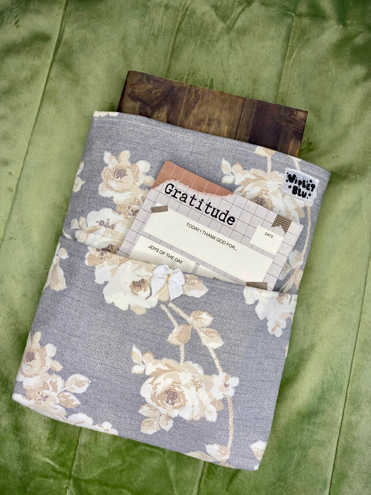 Grey Floral Fabric Book Sleeve | Bible, Book, or Planner Cover | Violetblu Paper Co.