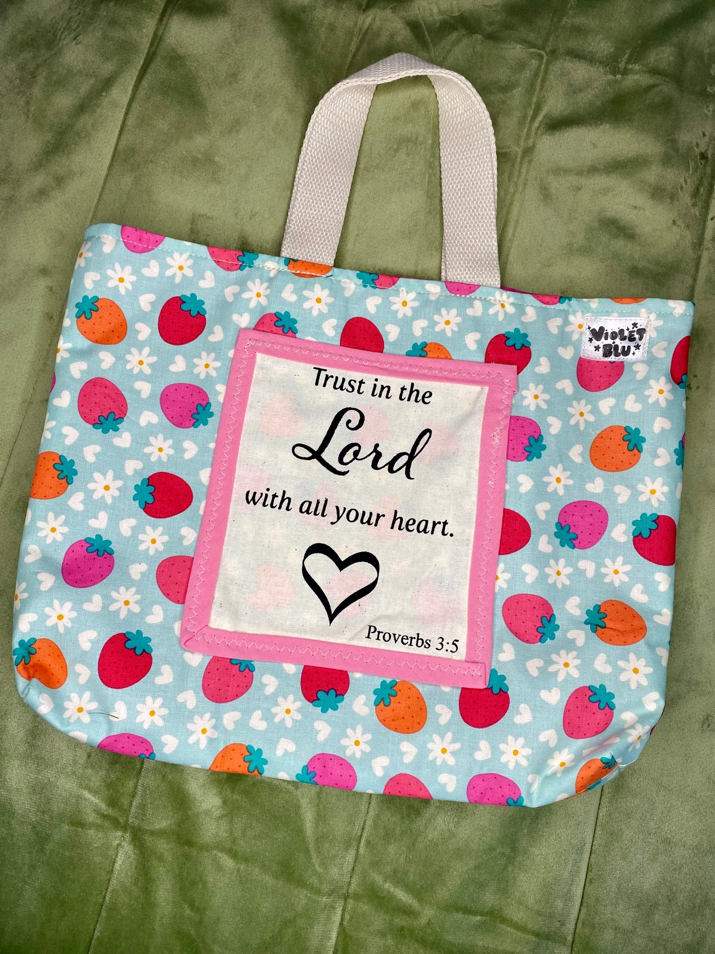 Strawberry Mini Tote Bag | Bible, Book & iPad Carry Bag | Handmade by Violetblu Design Co.