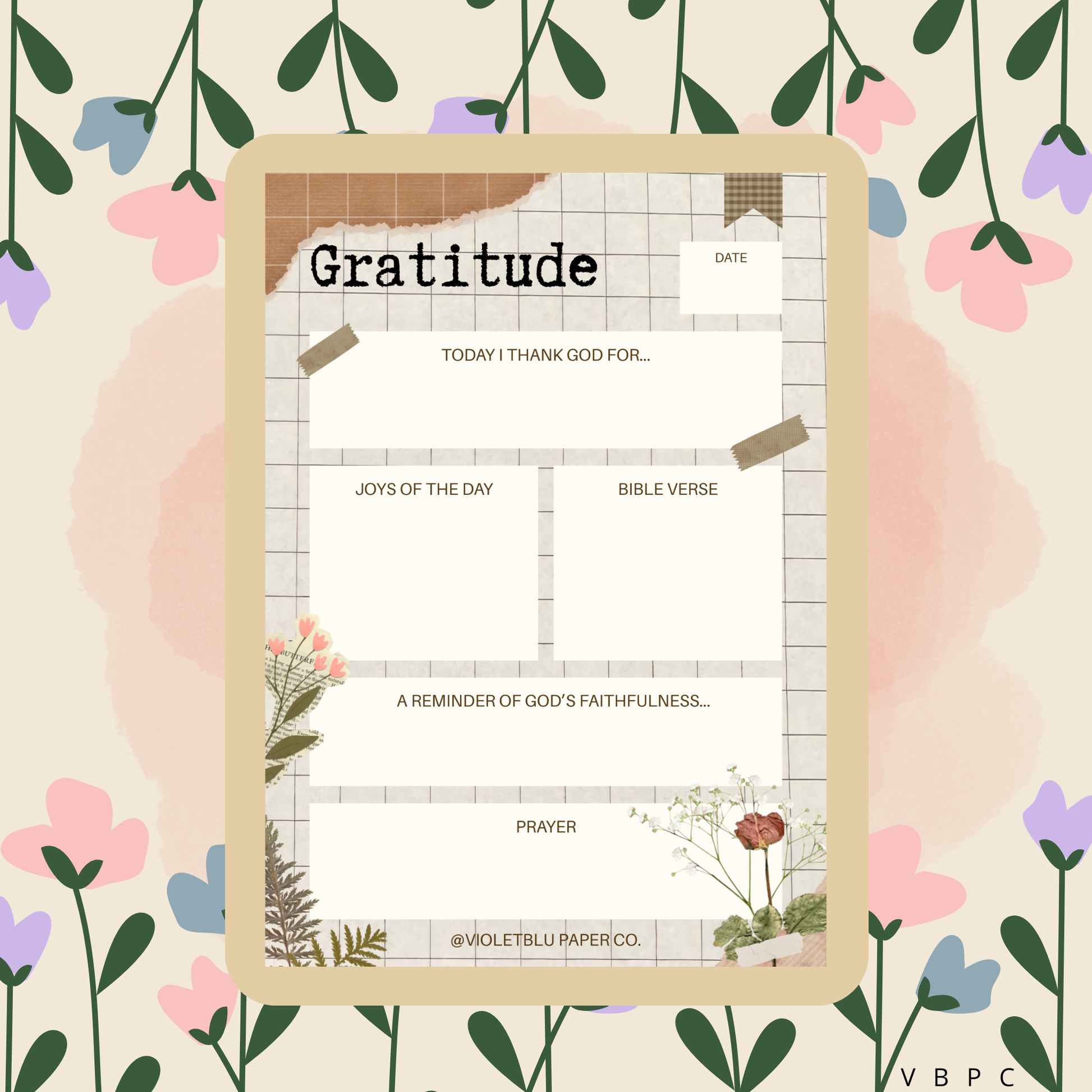 gratitude note pad for journaling, faith based prompts using botanical neutral colors 